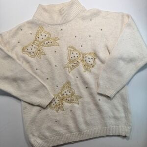Women's M‎ Vintage Santoria Sweater Ivory Beaded Bows Silk Rabbit Lambswool